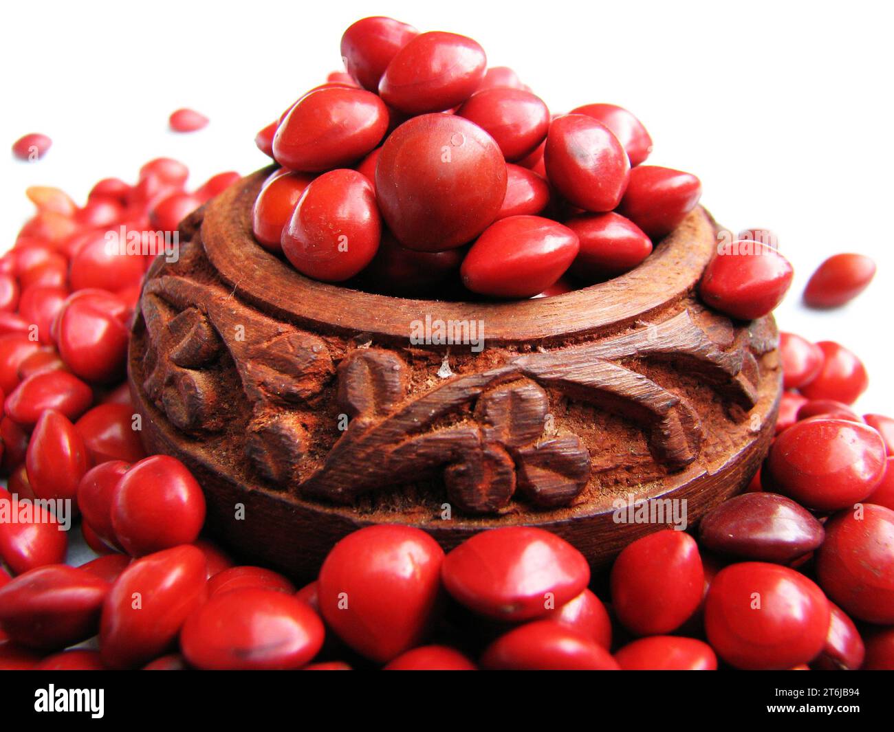 Red bead tree seeds scattered from crimson wooden shell. Stock Photo