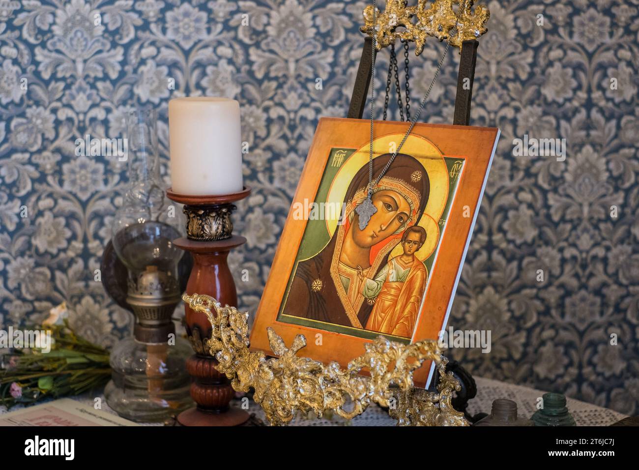 Ancient orthodox icon Corner. Home altar. Stock Photo