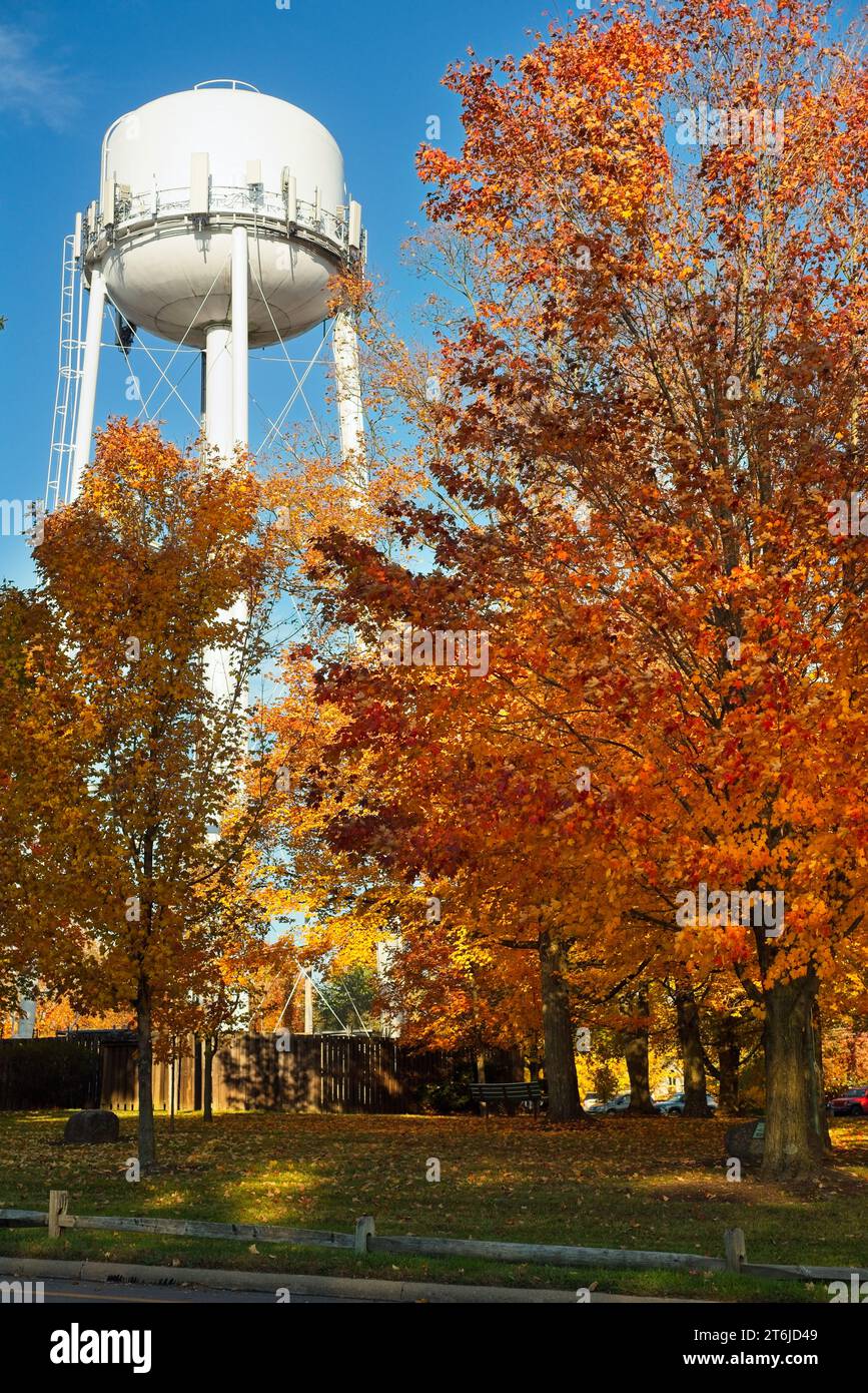 The Burton Ohio water tower shines bright in late afternoon autumn