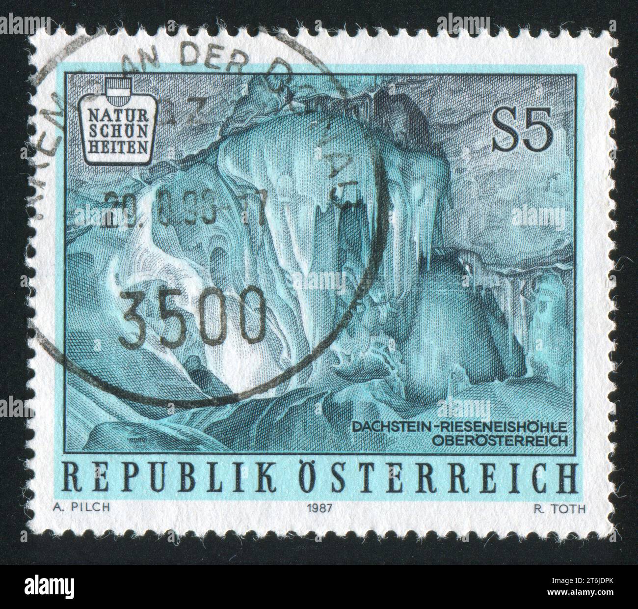 AUSTRIA - CIRCA 1987: stamp printed by Austria, shows stalactite in a cave, circa 1987 Stock Photo