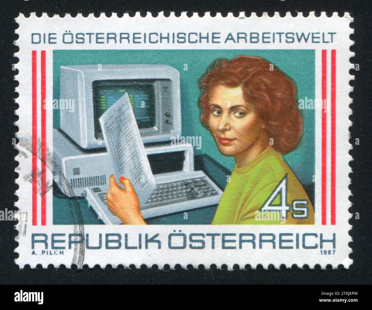 Austria Computer AUSTRIA - CIRCA 1987: stamp printed by Austria, shows woman and ...