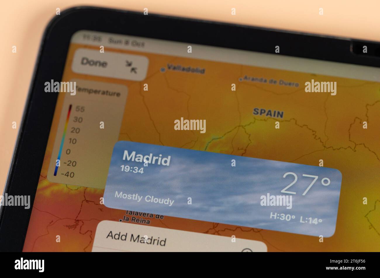 New York, USA October 8, 2023 Checking temperature outside in Madrid