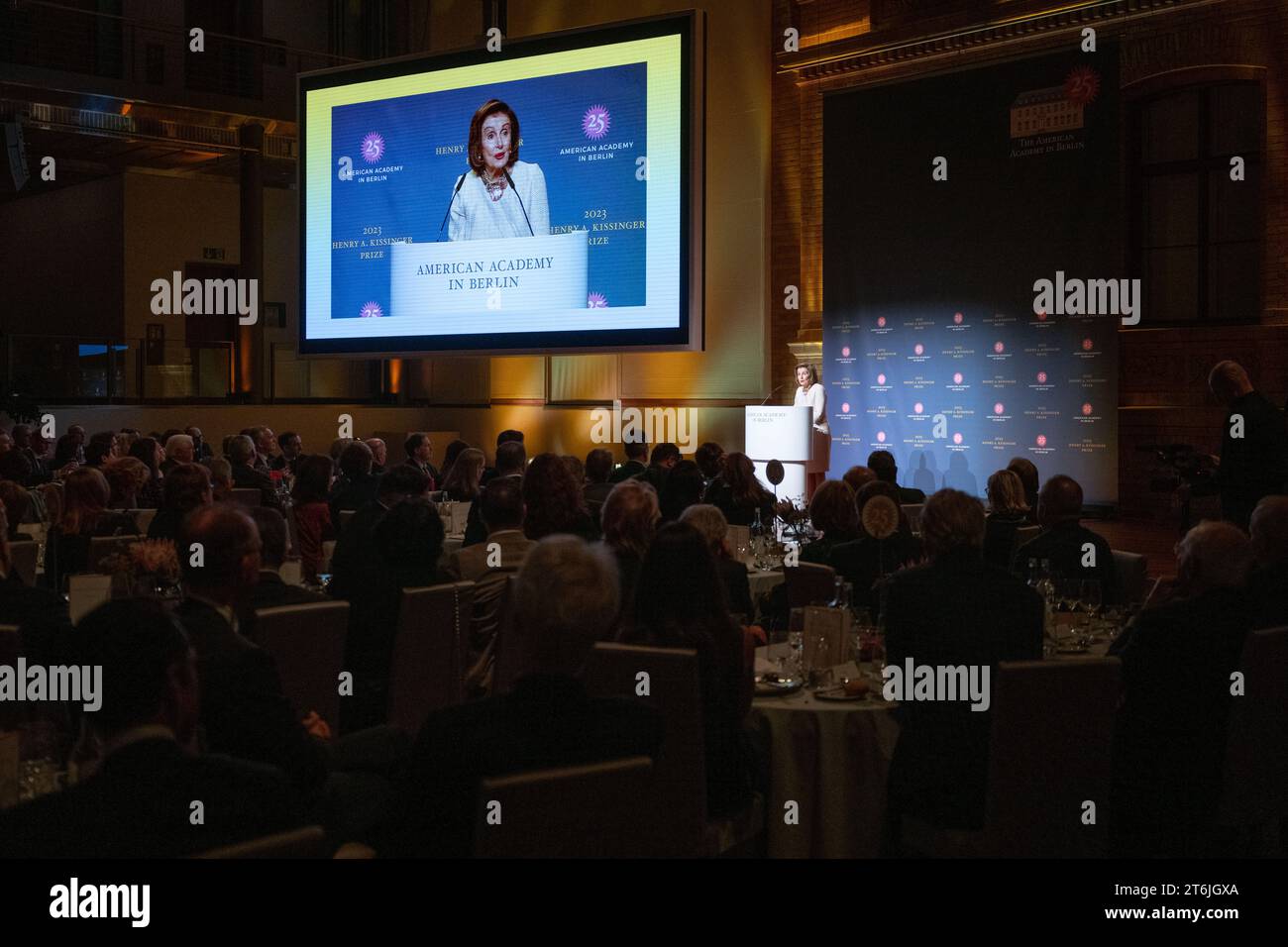 Berlin, Germany. 10th Nov, 2023. Nancy Pelosi, former Speaker of the US House of Representatives, speaks at the presentation of the Henry A. Kissinger Prize to NATO Secretary General Stoltenberg. Credit: Christophe Gateau/dpa/Alamy Live News Stock Photo