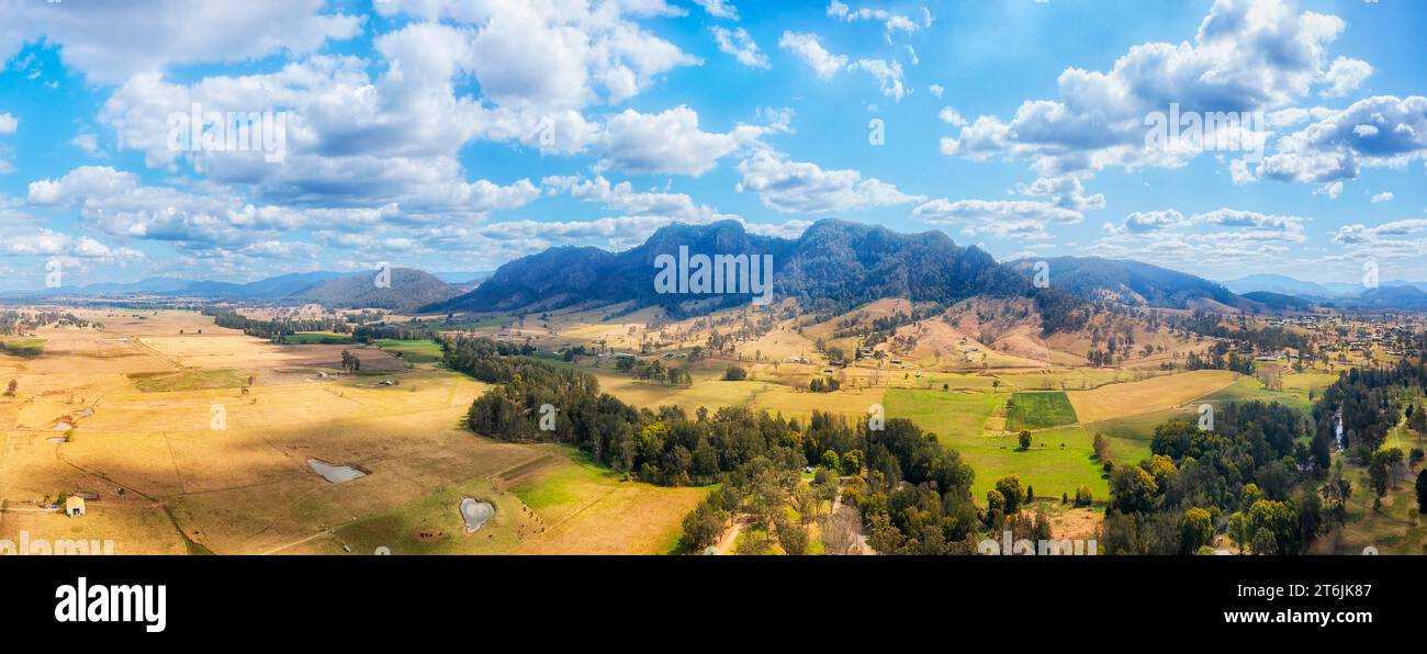 Wide agriculture valley at Barrington tops mountains in Australia wide aerial panorama Stock