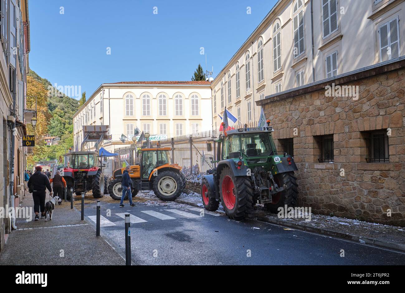 Farmers protest in front of the local government building in Foix, France Stock Photo