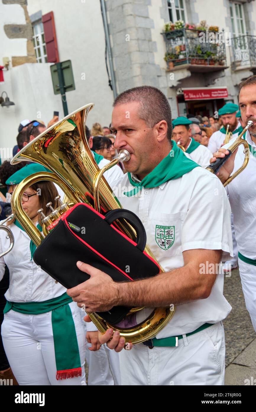 Local Basque orchestra marching at the market during pepper festival in Espelette, France Stock Photo