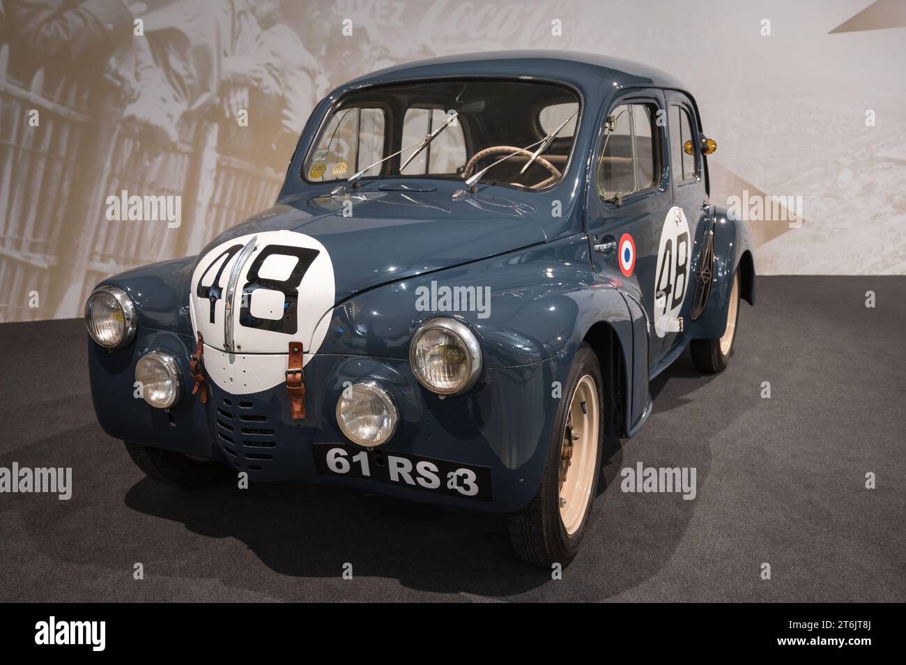 The classic Renault 4cv Autobleu from LeMans endurance races, lightened without a bumper Stock Photo
