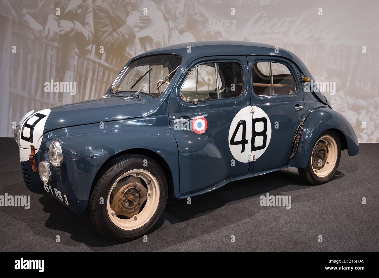 The classic Renault 4cv Autobleu from LeMans endurance races, lightened without a bumper Stock Photo