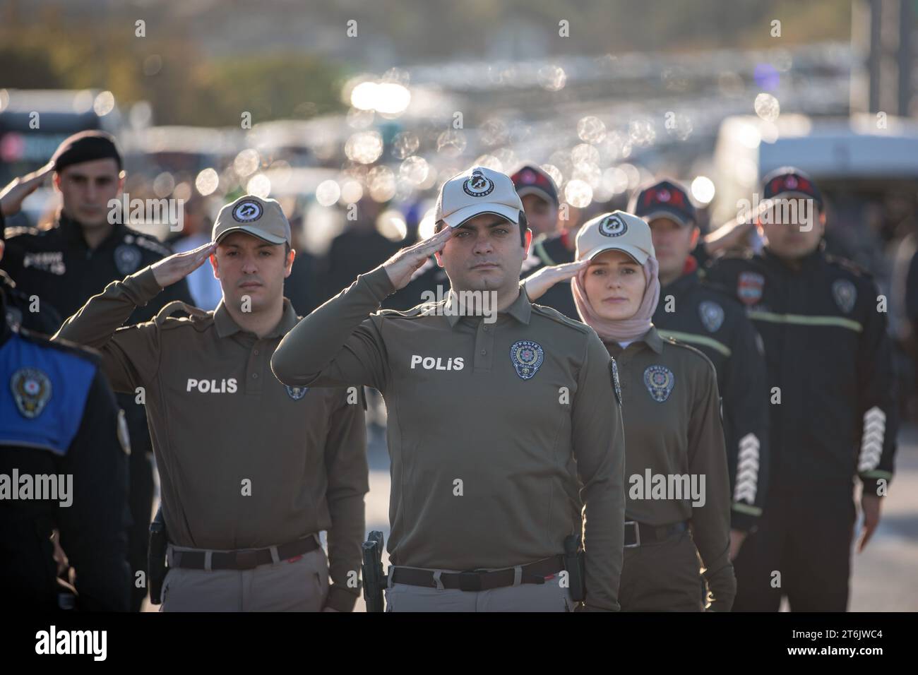 Istanbul, Turkey. 10th Nov, 2023. Police officers stand in silence at 09:05 a.m to commemorate the death time of Mustafa Kemal Ataturk, founder of the Republic of Turkey, on the 85th anniversary of his demise at July 15th Martyrs Bridge in Istanbul. (Photo by Onur Dogman/SOPA Images/Sipa USA) Credit: Sipa USA/Alamy Live News Stock Photo