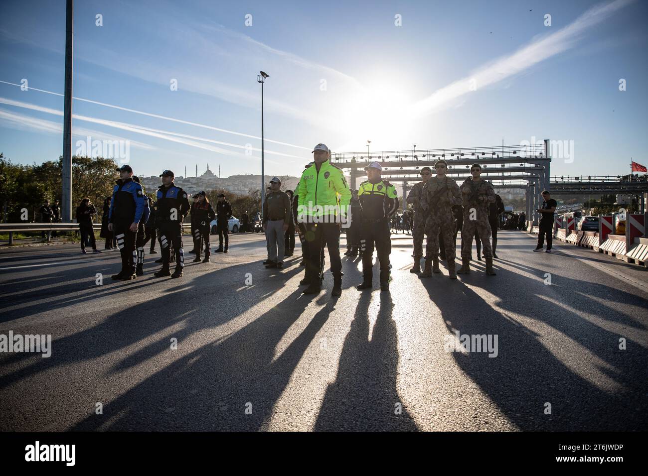 Istanbul, Turkey. 10th Nov, 2023. Police officers stand in silence at 09:05 a.m to commemorate the death time of Mustafa Kemal Ataturk, founder of the Republic of Turkey, on the 85th anniversary of his demise at July 15th Martyrs Bridge in Istanbul. (Photo by Onur Dogman/SOPA Images/Sipa USA) Credit: Sipa USA/Alamy Live News Stock Photo