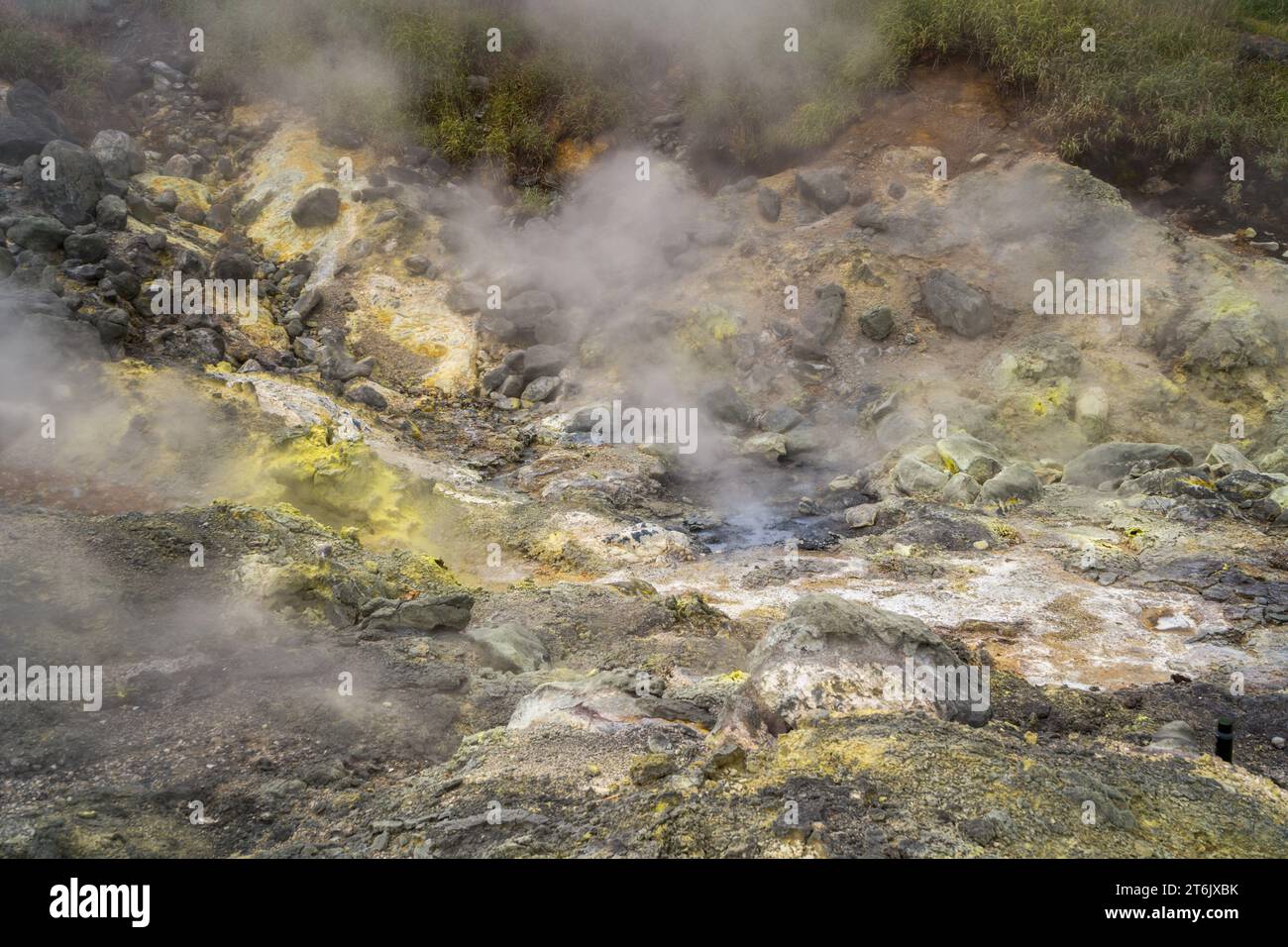 Volcanic activity, sulfur fumarole and hot gas on Iturup Island, Kuril islands, Russia Stock Photo