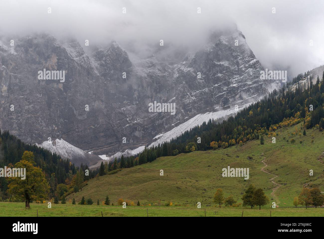 A cold and foggy autumn day in Engtal or Eng Valley, Nature Reserve Karwendel, Karwendel Mountains, Tyrol, Austria, Europe Stock Photo