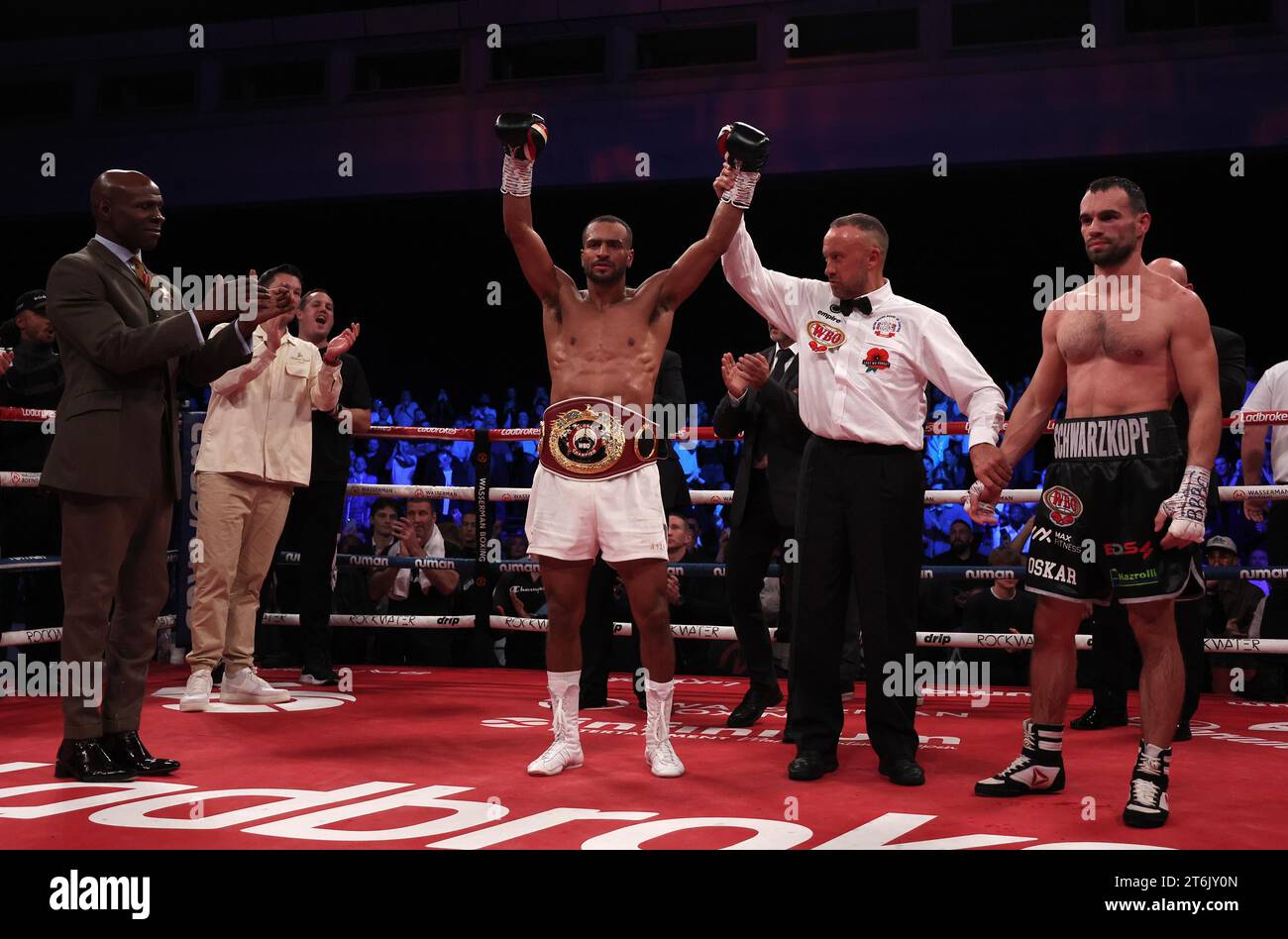 Brighton, UK. 10th Nov, 2023. Harlem Eubank's arm is lifted after beating Timo Schwarzkopf during there super lightweight fight at the Brighton Centre. Credit: James Boardman/Alamy Live News Stock Photo