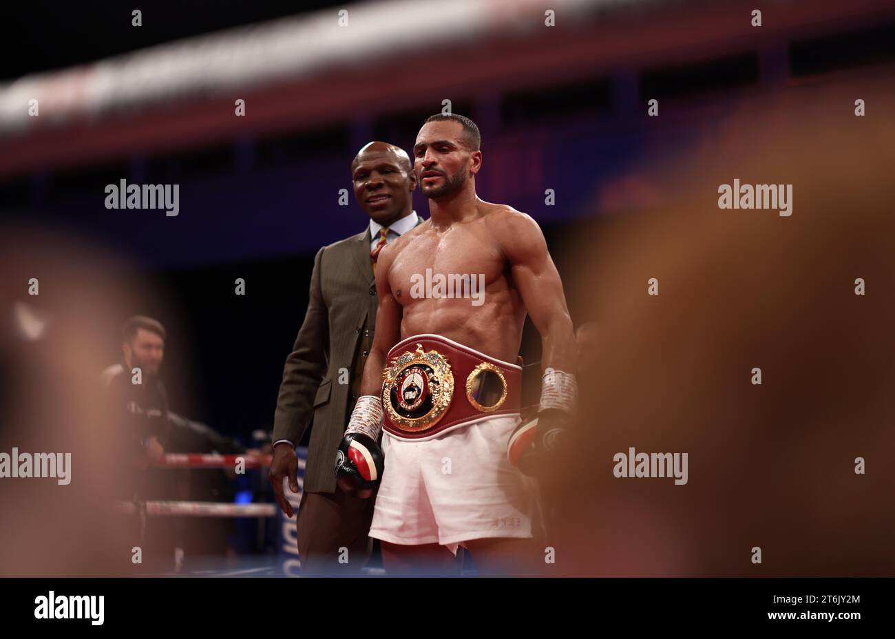 Brighton, UK. 10th Nov, 2023. Harlem Eubank and Chris Eubank Sr after beating Timo Schwarzkopf during there super lightweight fight at the Brighton Centre. Credit: James Boardman/Alamy Live News Stock Photo