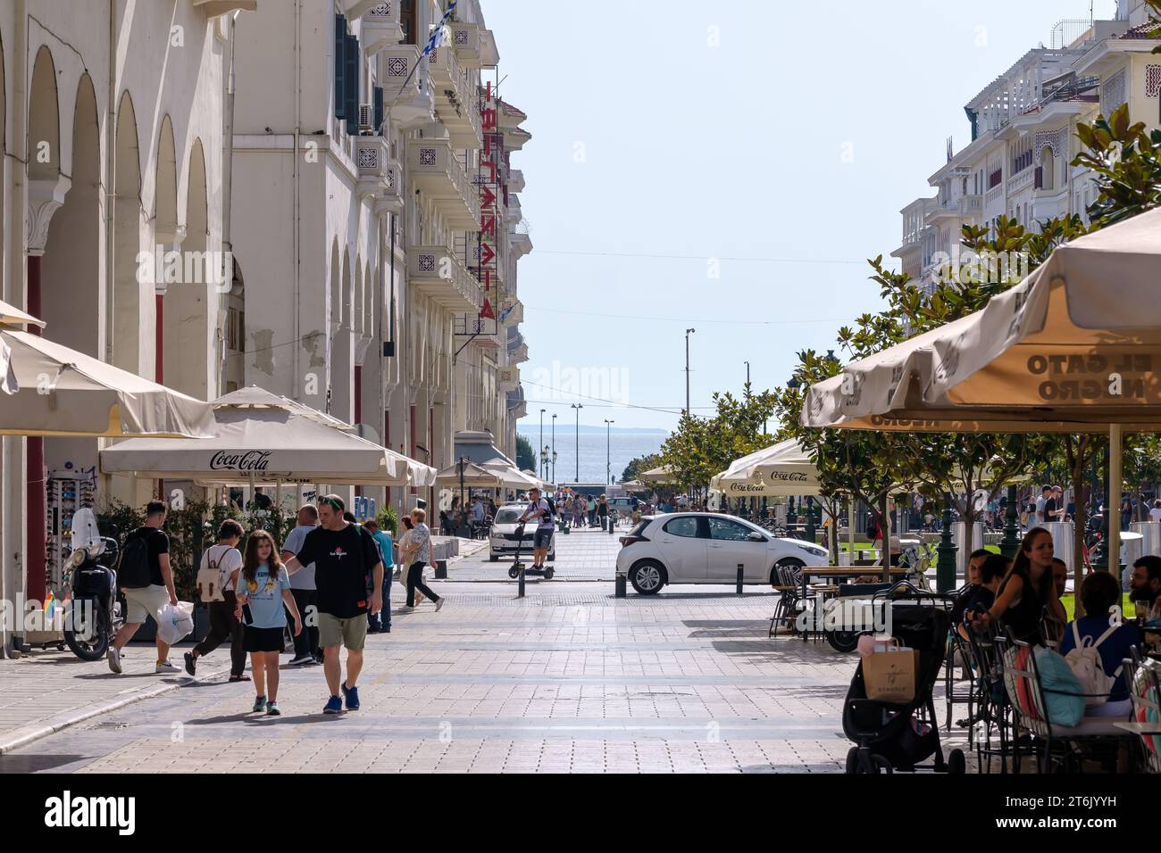 Thessaloniki, Greece - September 22, 2023 : View of the busy Aristotelous square and the sea in the background in Thessaloniki Greece Stock Photo