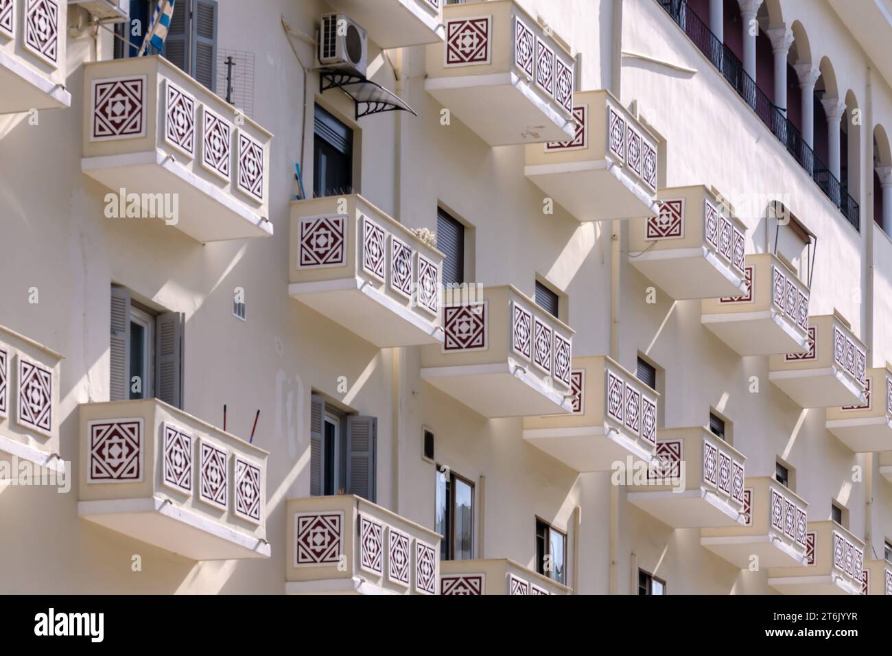 Beautiful old residential buildings with balcony’s in the center of Thessaloniki Greece Stock Photo