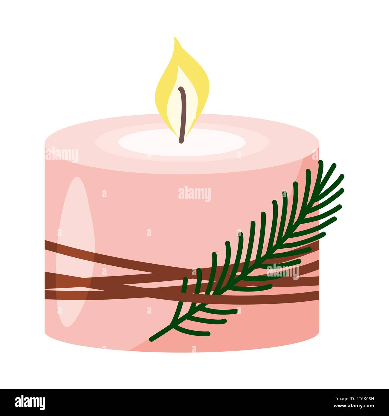 Pink burning candle decorated with rope and pine branch, flat vector illustration Stock Vector