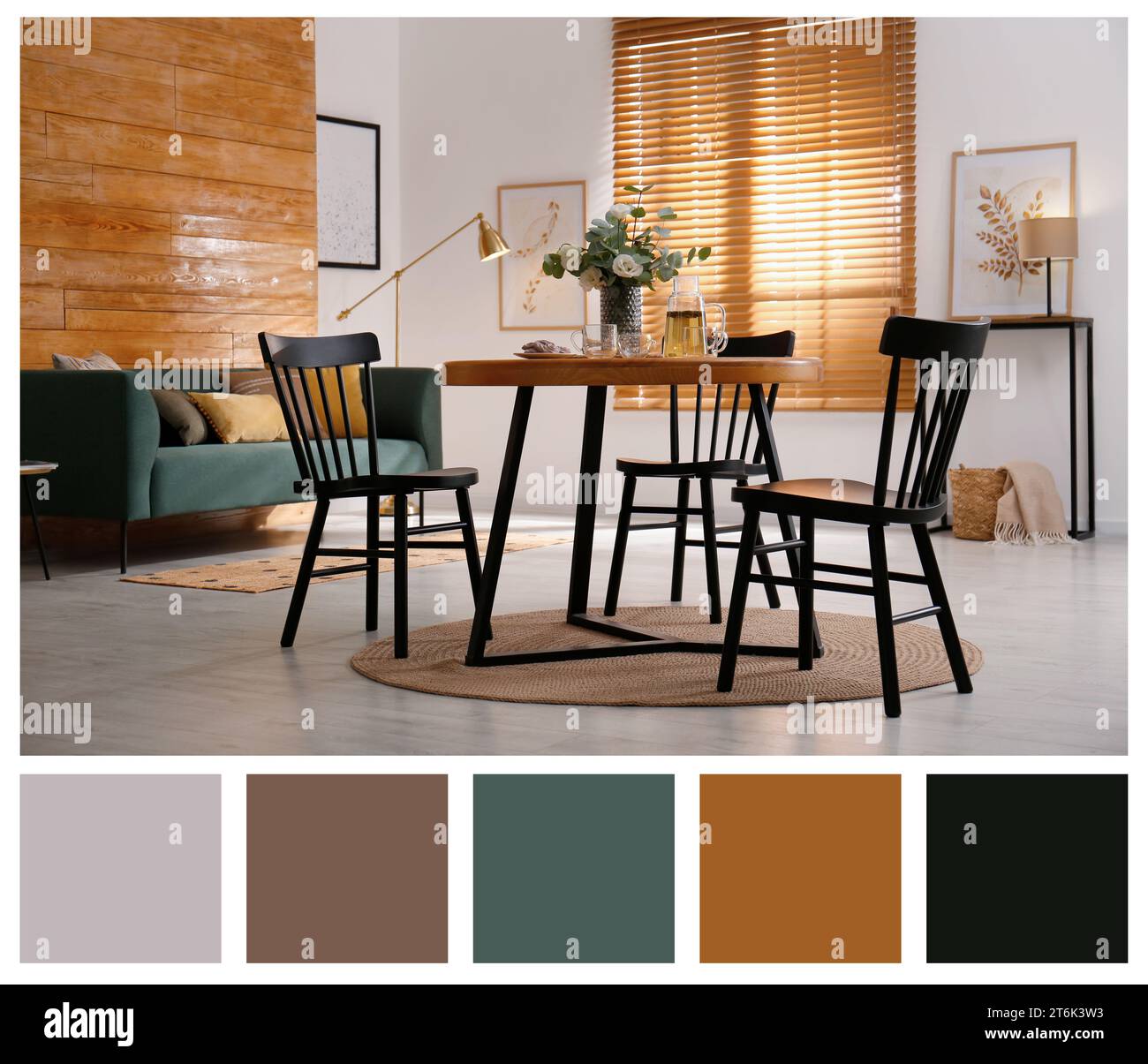 Spacious and cozy dining room with furniture. Color palette matching to