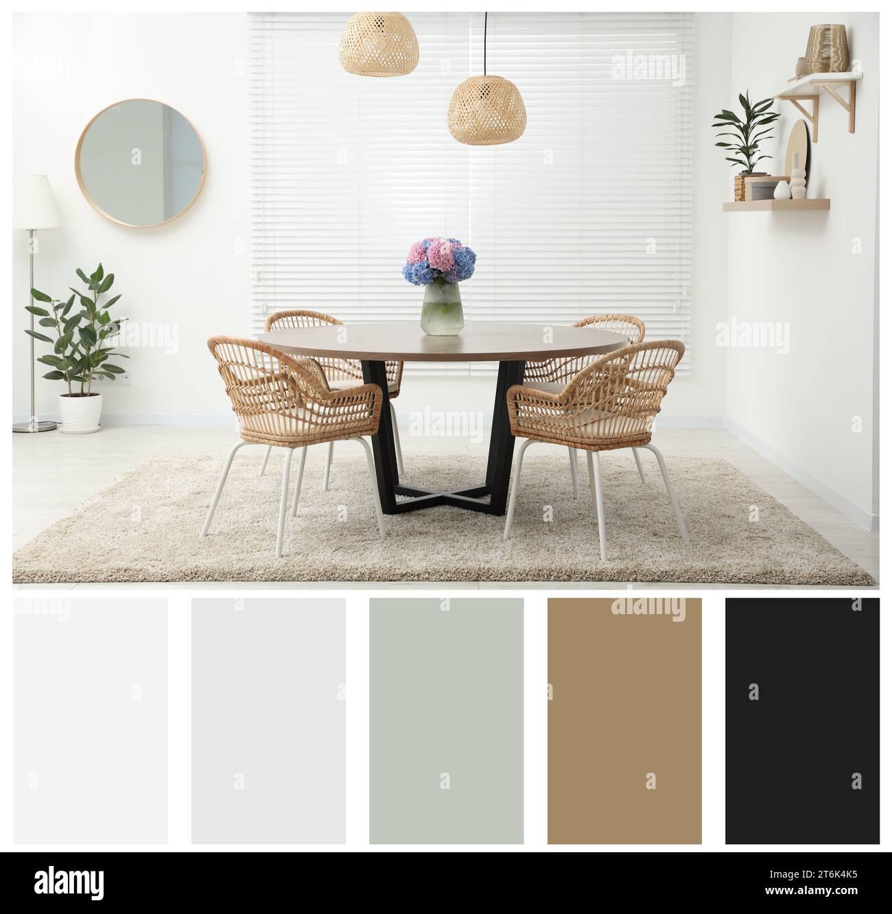 Light and cozy dining room with furniture. Color palette matching to