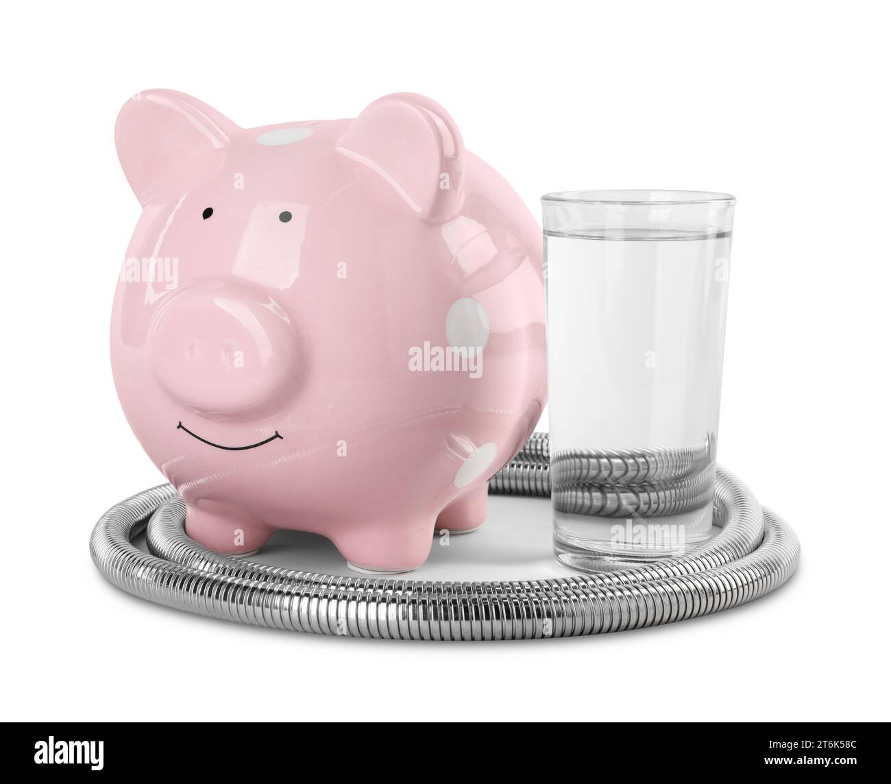 Water scarcity concept. Piggy bank, shower hose and glass of drink ...