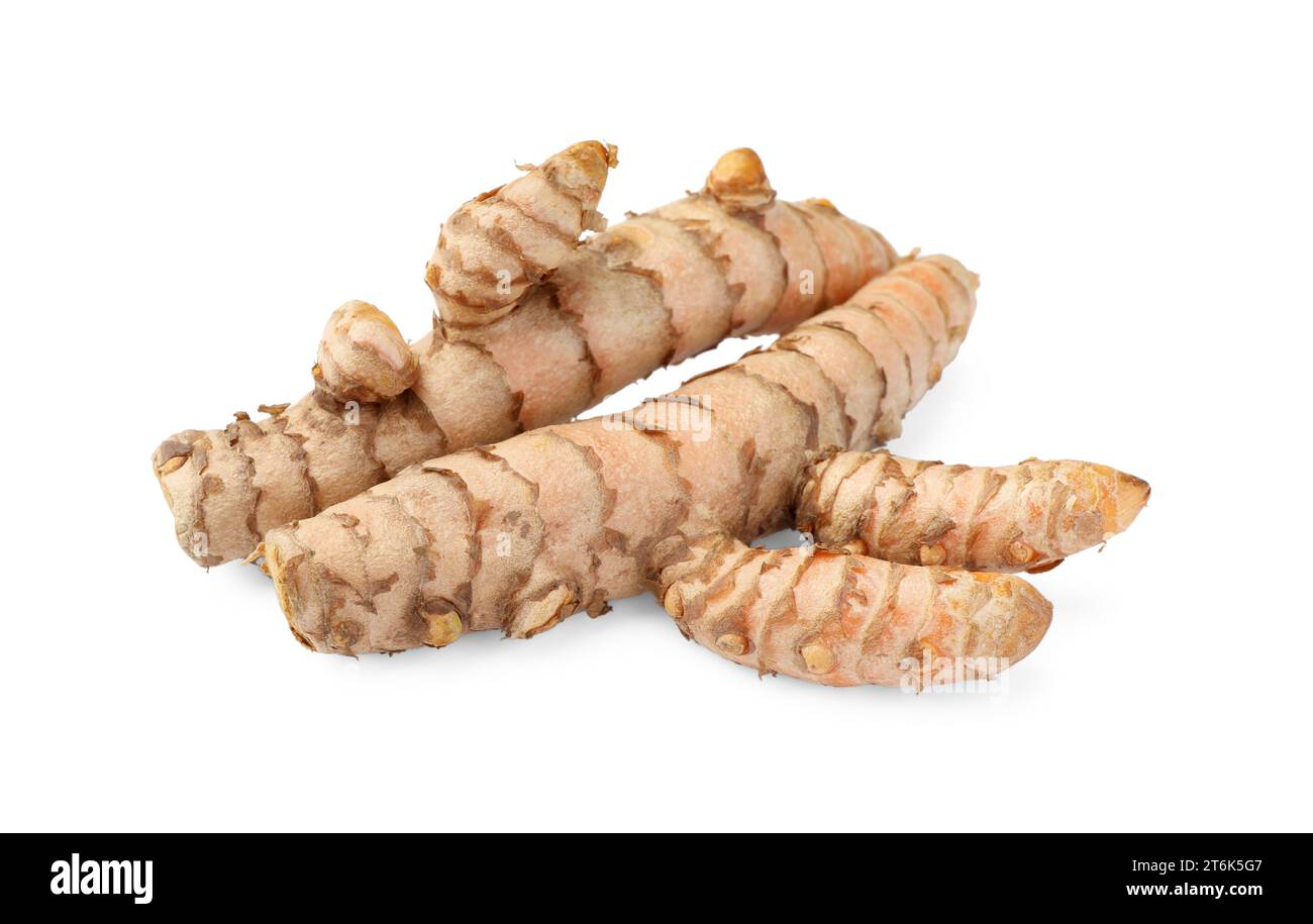 Fresh whole turmeric roots isolated on white Stock Photo Alamy