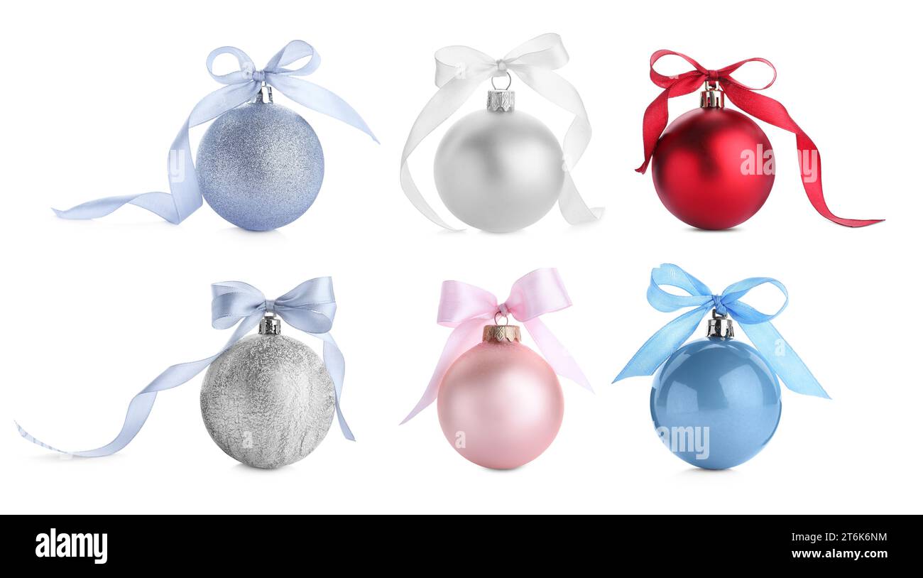 Different festive baubles with bows isolated on white, collection Stock Photo