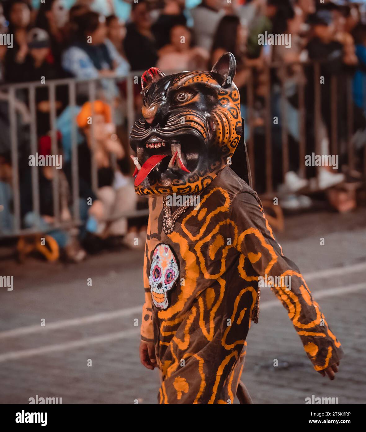 MEXICO CITY, MEXICO - NOVEMBER 04, 2023: Day of the dead parade 2023 in Mexico City,Typical costumes of the region representing death. Stock Photo
