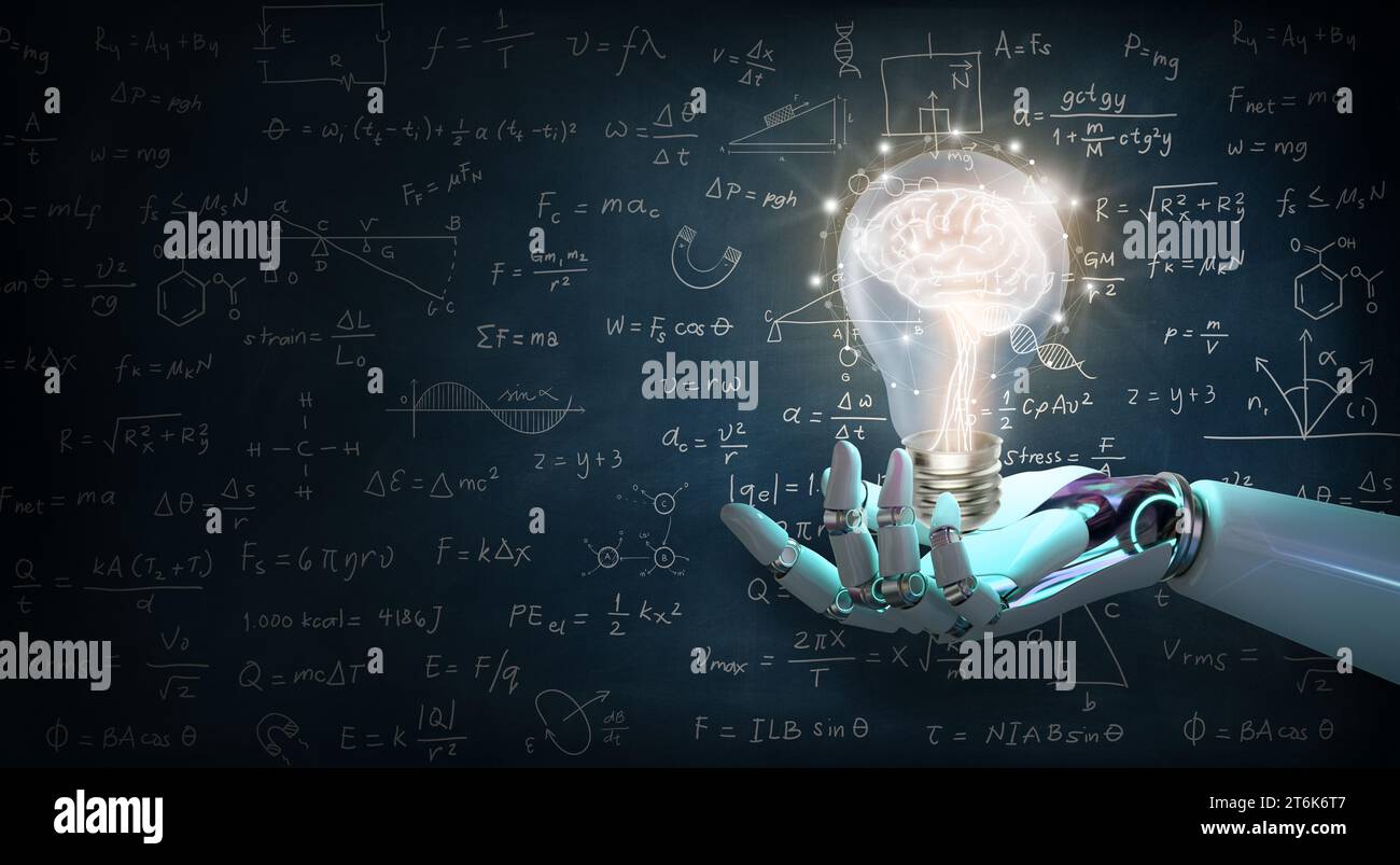 Ai Robot Hand holding a brain inside a light bulb on wall chalkboard ...