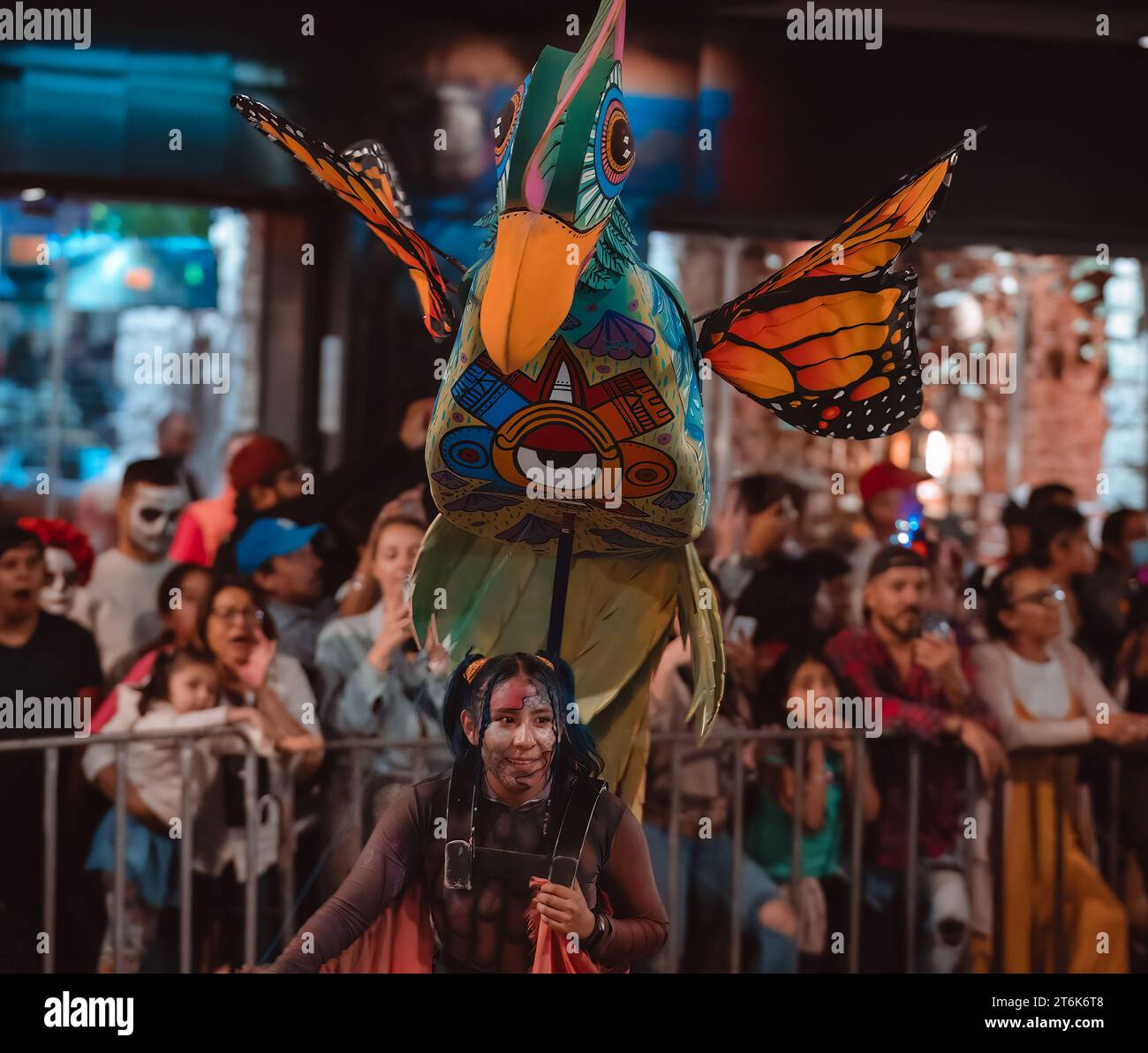 MEXICO CITY, MEXICO - NOVEMBER 04, 2023: Day of the dead parade 2023 in Mexico City, Float representing an 'alebrije', Day of the Dead traditional par Stock Photo
