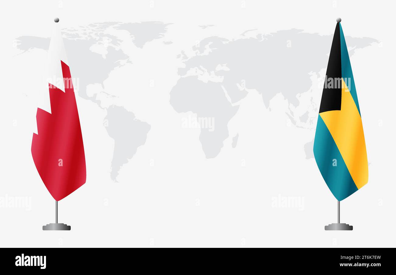 Bahrain and Bahamas flags for official meeting against background of world map. Stock Vector