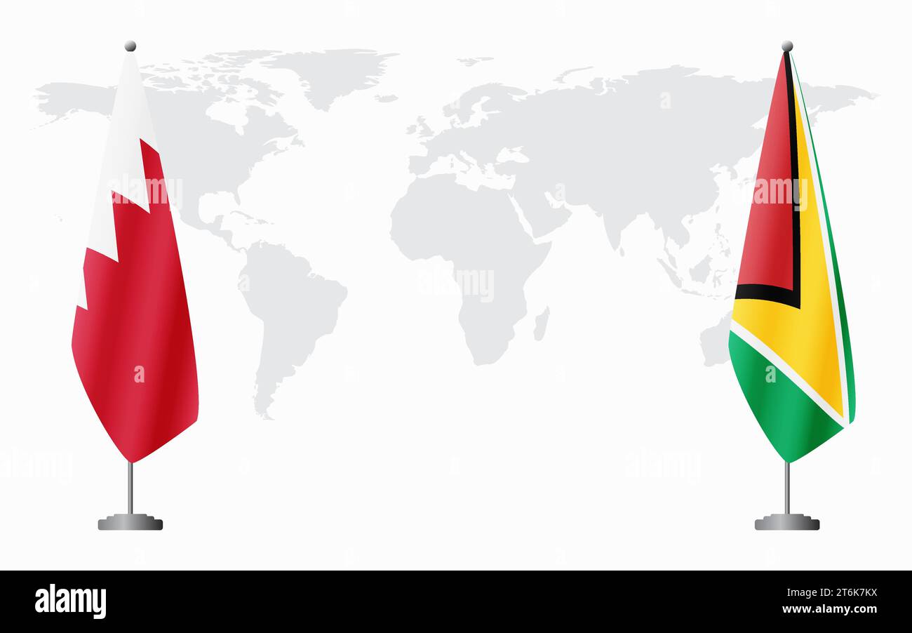 Bahrain and Guyana flags for official meeting against background of world map. Stock Vector