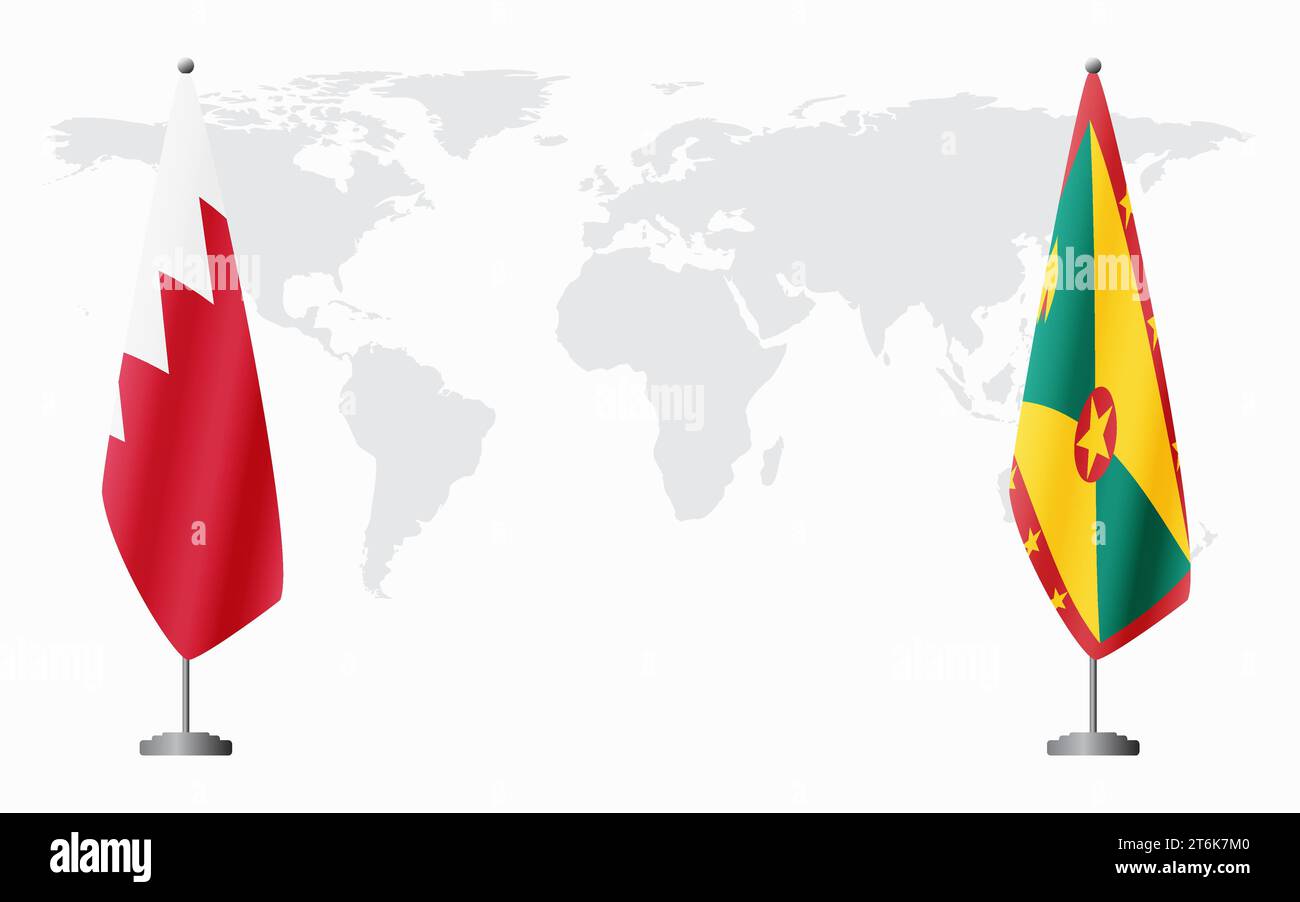 Bahrain and Grenada flags for official meeting against background of world map. Stock Vector