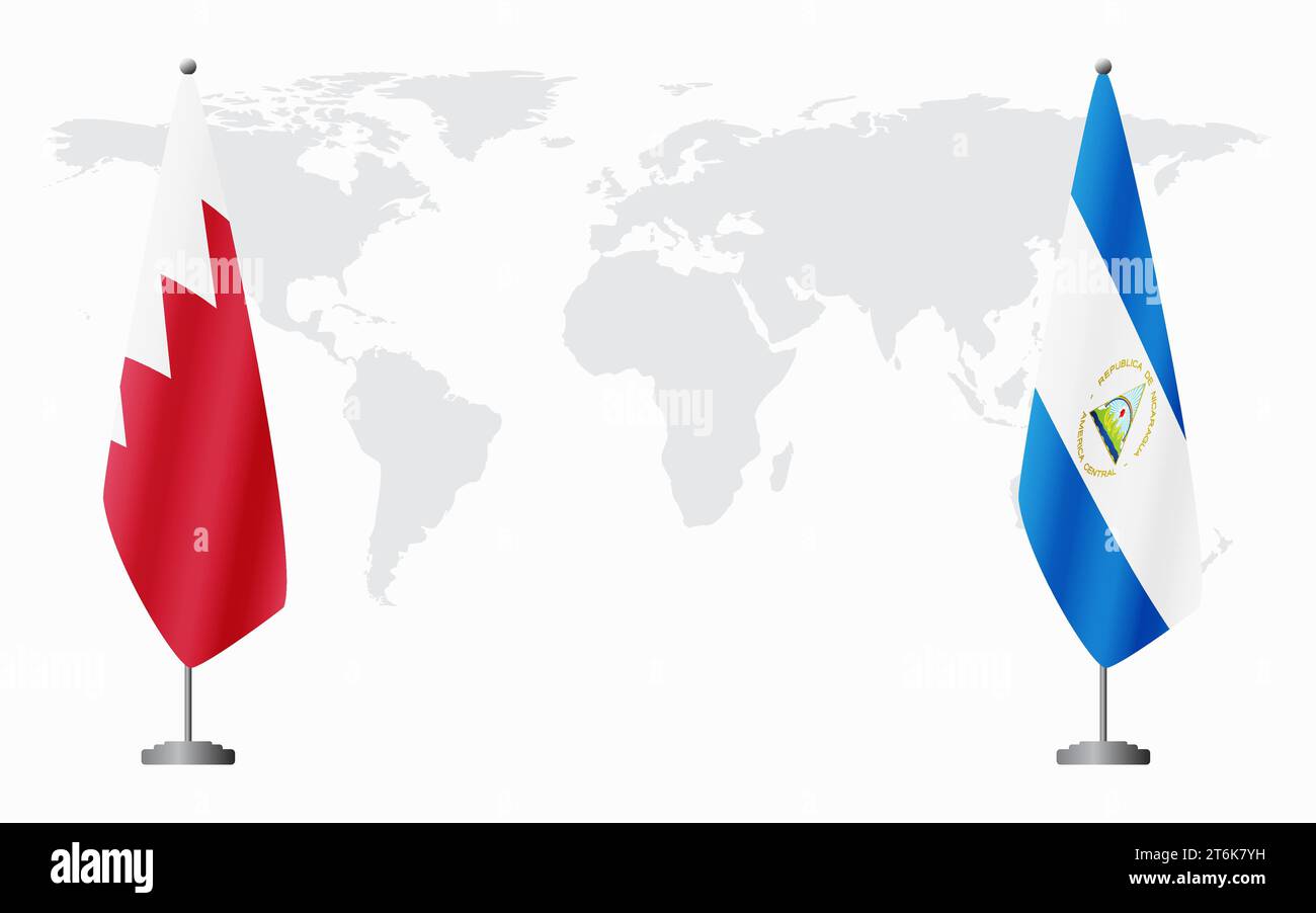 Bahrain and Nicaragua flags for official meeting against background of world map. Stock Vector