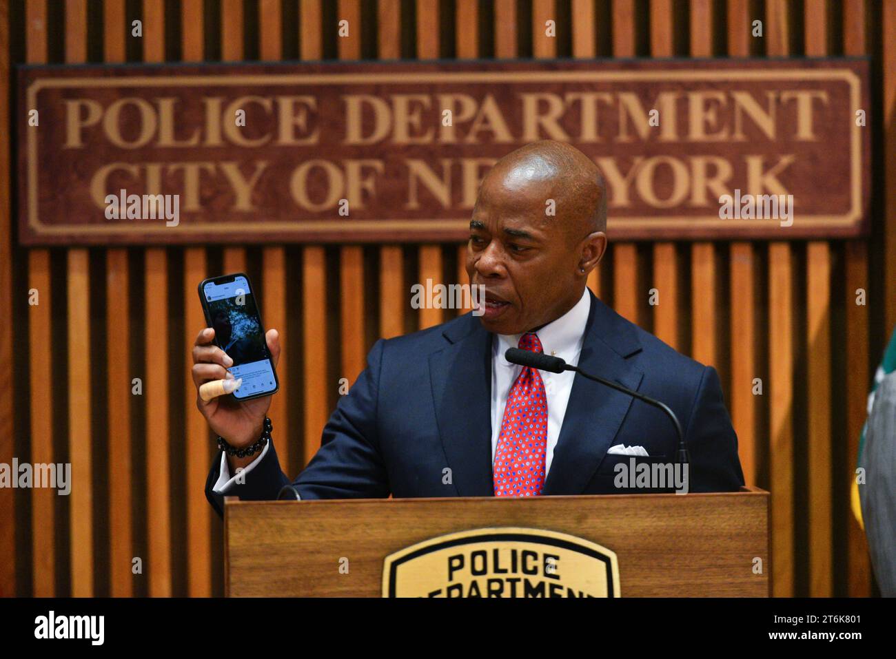 New York City Mayor Eric Adams speaks about guns confiscated at New York City public schools during a news conference at police headquarters on May 25 Stock Photo