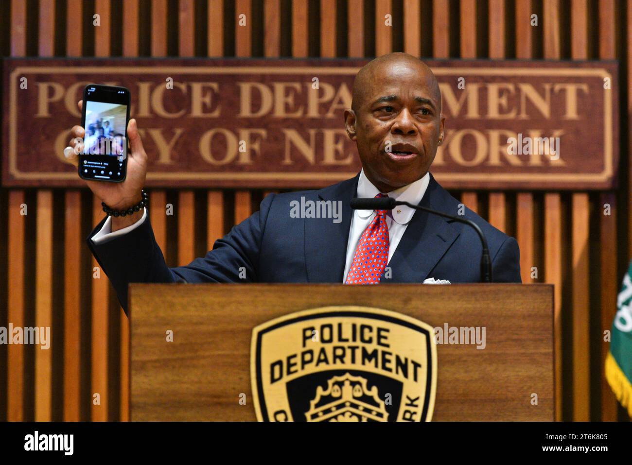 New York City Mayor Eric Adams speaks about guns confiscated at New York City public schools during a news conference at police headquarters on May 25 Stock Photo