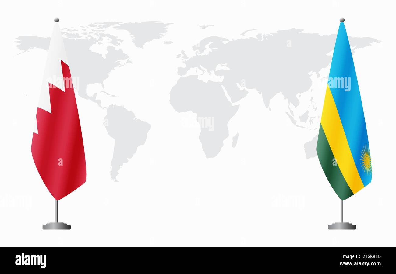Bahrain and Rwanda flags for official meeting against background of world map. Stock Vector