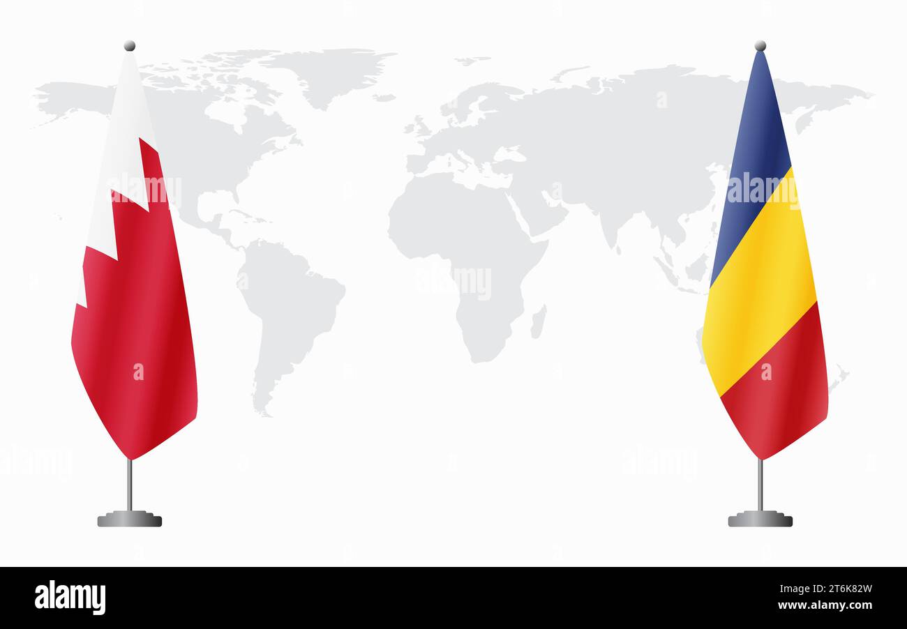 Bahrain and Romania flags for official meeting against background of world map. Stock Vector