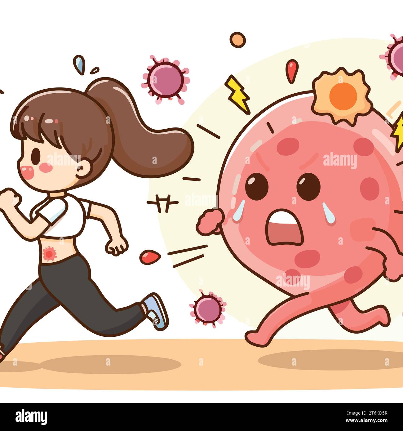 Girl running chased by germs battery fat cells Stock Vector