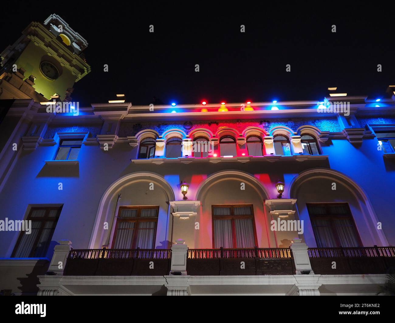 Facade of the Municipality of Miraflores illuminated with the colors of Korea at the Miraflores annual K-pop Festival organized by the Embassy of the Republic of South Korea within the framework of the activities for the 60th anniversary of Peru - Korea friendship Stock Photo