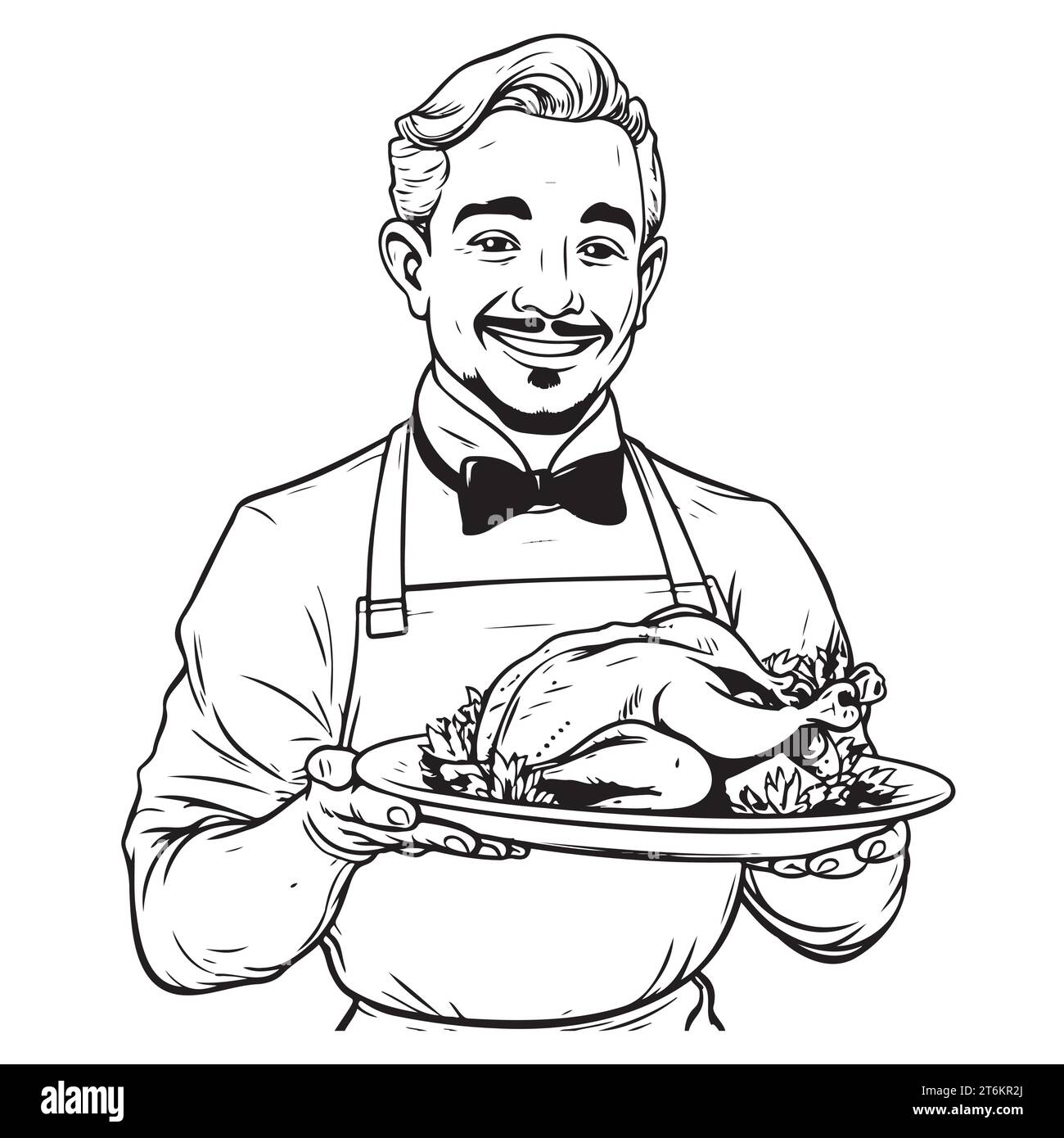 Vector illustration of a sketch of a chef ,holding the chicken in his ...