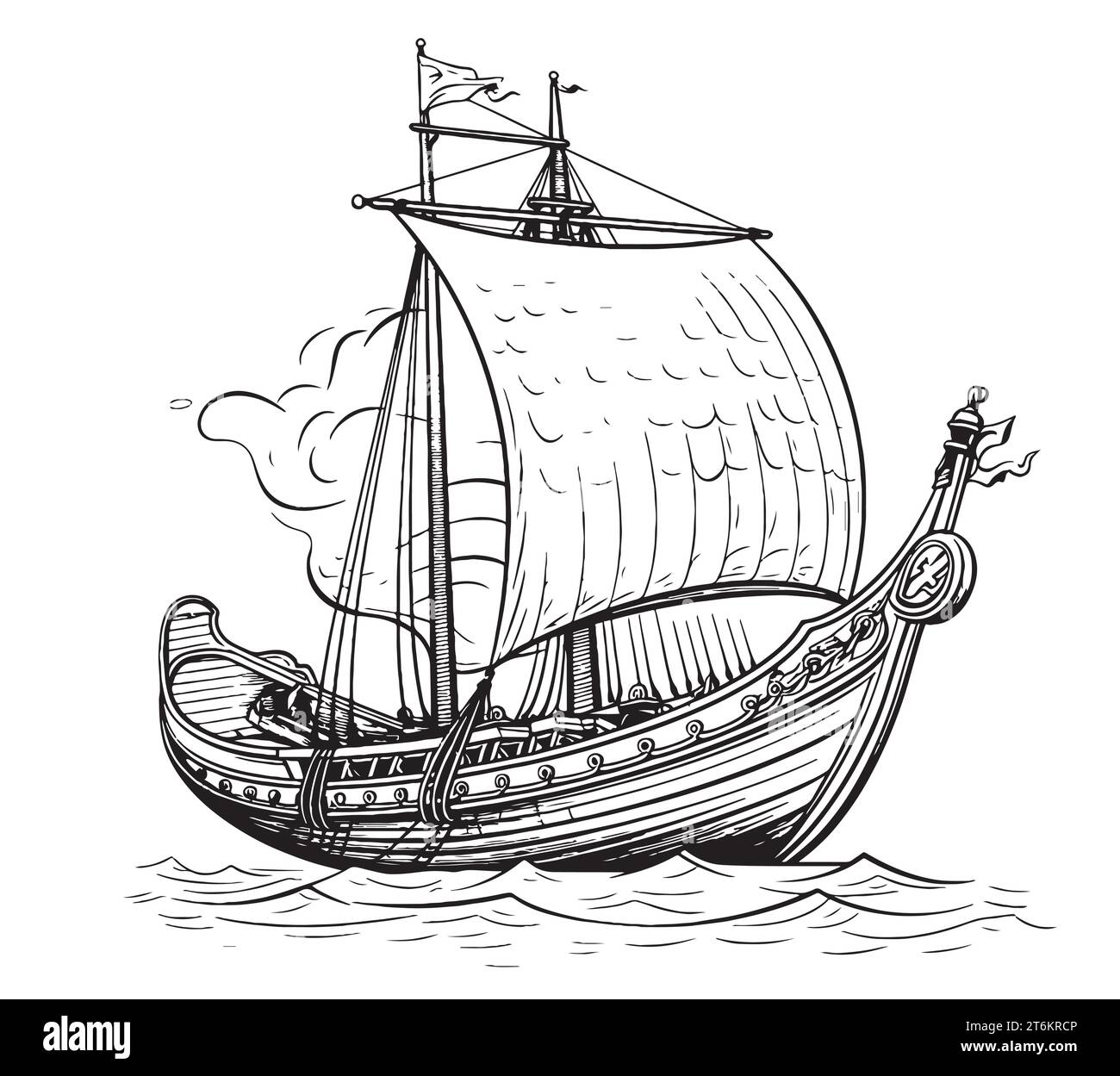 Drakkar floating on the sea waves. Hand drawn design element sailing ship. Vintage vector engraving illustration for poster, label, postmark with sailboat. Isolated on white background Stock Vector