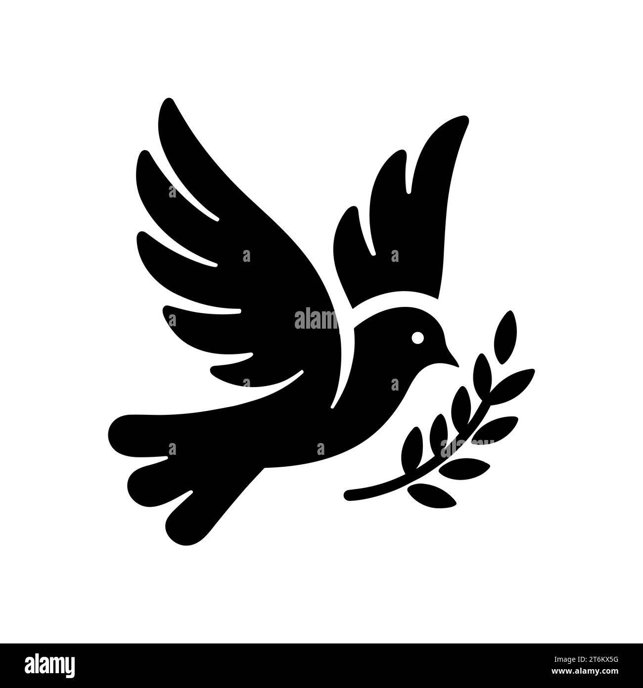 Dove icon. Black silhouette of a dove in flight carrying an olive