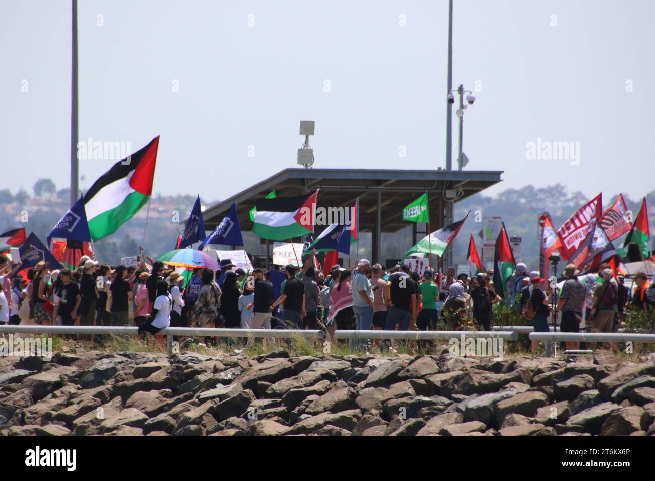 Sydney, Australia. 11th November 2023. ‘Stop the Genocide in Gaza Now! Boycott Zim Shipping Line. Protest to say block the boat. No Israeli Ships at Port Botany’. Pro-Palestine protesters hold a rally at Port Botany Boat Ramp. Credit: Richard Milnes/Alamy Live News Stock Photo