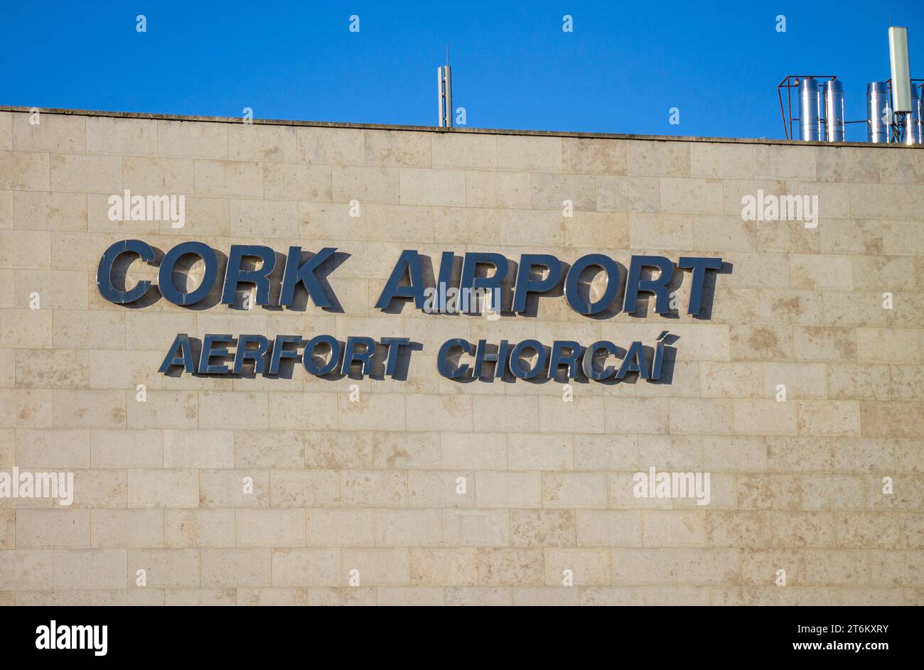 Cork Airport sign on building wall. Stock Photo