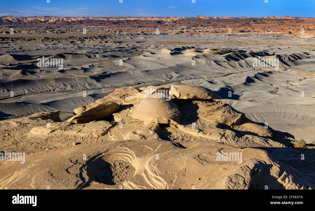 A view of the what appears to be the surface of the moon from the Moonscape Overlook, an other-worldly recreation area near Hanksville, Utah, USA. Stock Photo