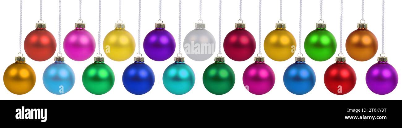 Christmas balls baubles decoration banner hanging isolated on a white background Stock Photo