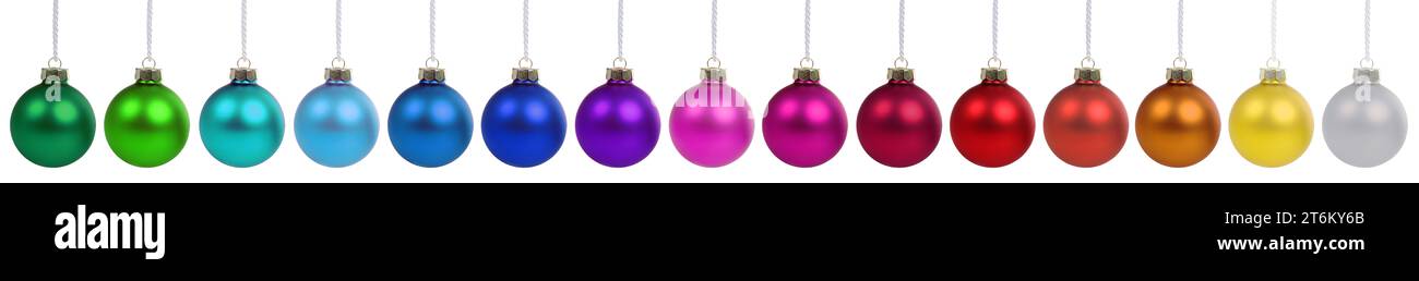 Christmas balls baubles banner ornament colorful decoration in a row isolated on a white background Stock Photo