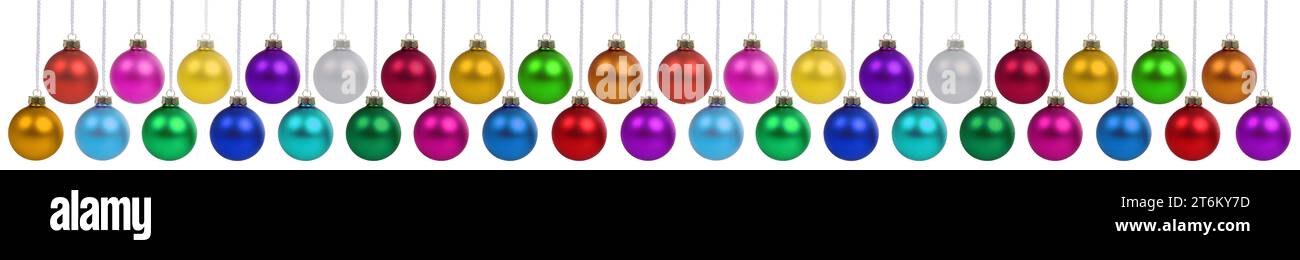 Christmas balls many baubles decoration banner hanging isolated on a white background Stock Photo