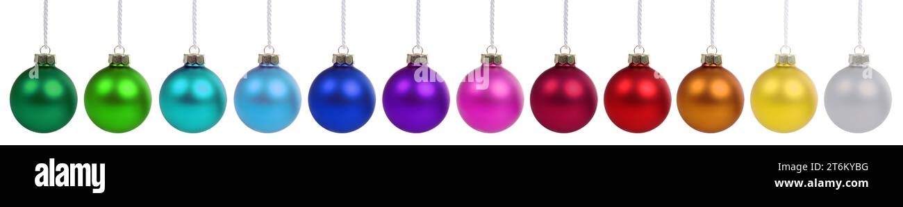 Christmas balls baubles ornament colorful decoration in a row isolated on a white background Stock Photo