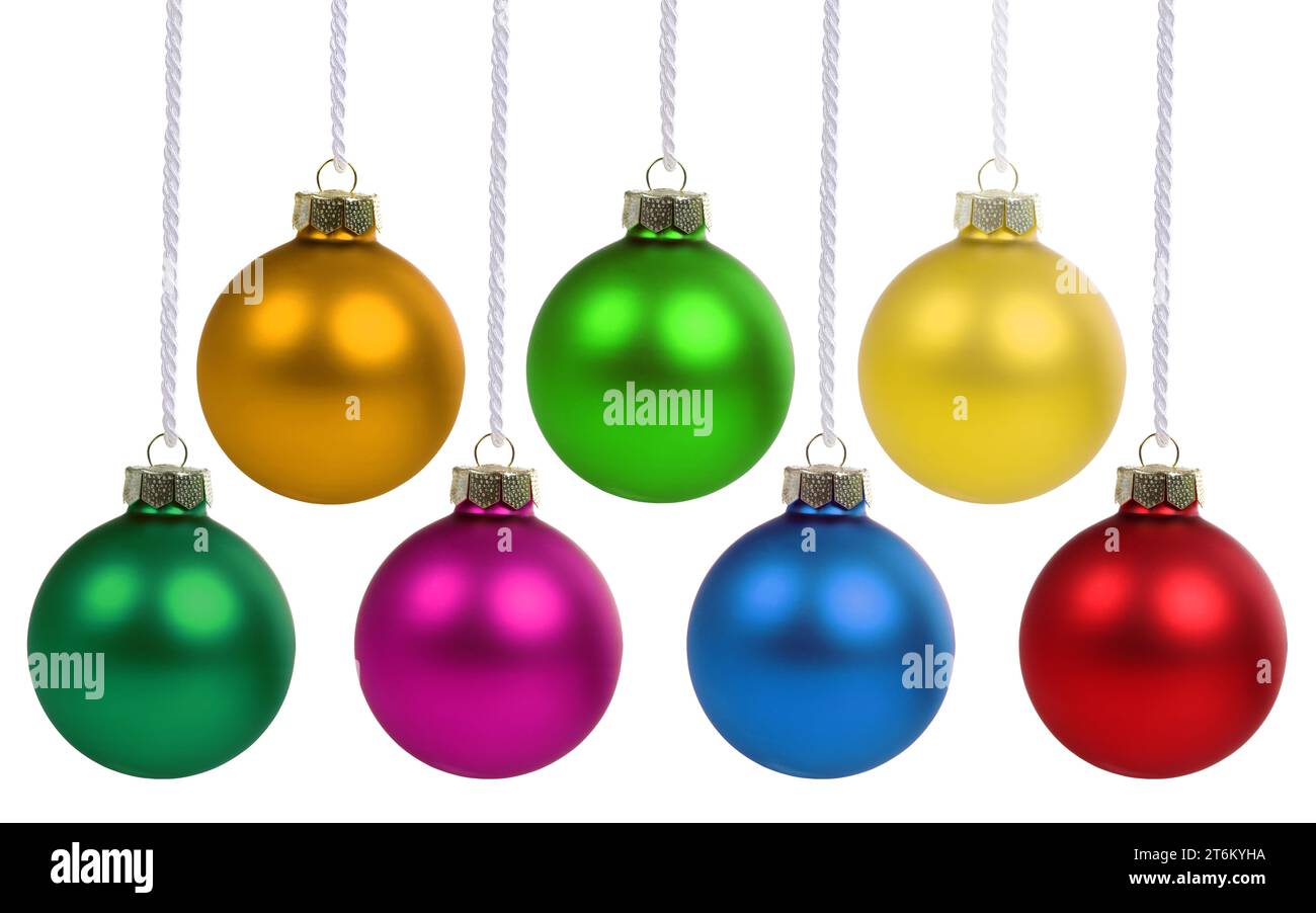 Christmas balls baubles decoration hanging isolated on a white background Stock Photo